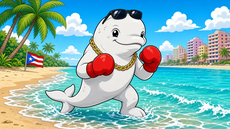 Beluga #013, The Condado Bad Boy, in red boxing gloves on Condado Beach