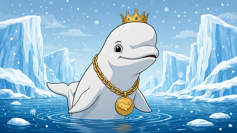 Beluga with a crown and gold chain among glaciers