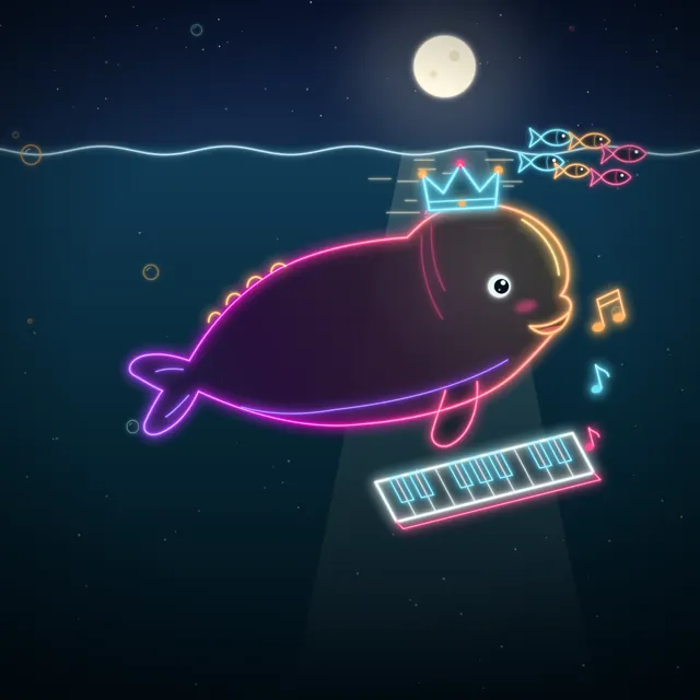 Neon line beluga with a crown and keyboard